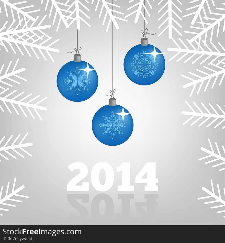 2014 background with Christmas balls and spruce br