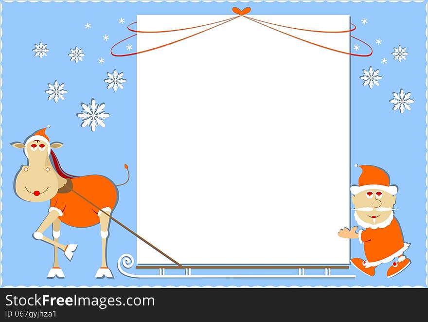 Santa Claus and a horse pull the sledge with a banner. Santa Claus and a horse pull the sledge with a banner