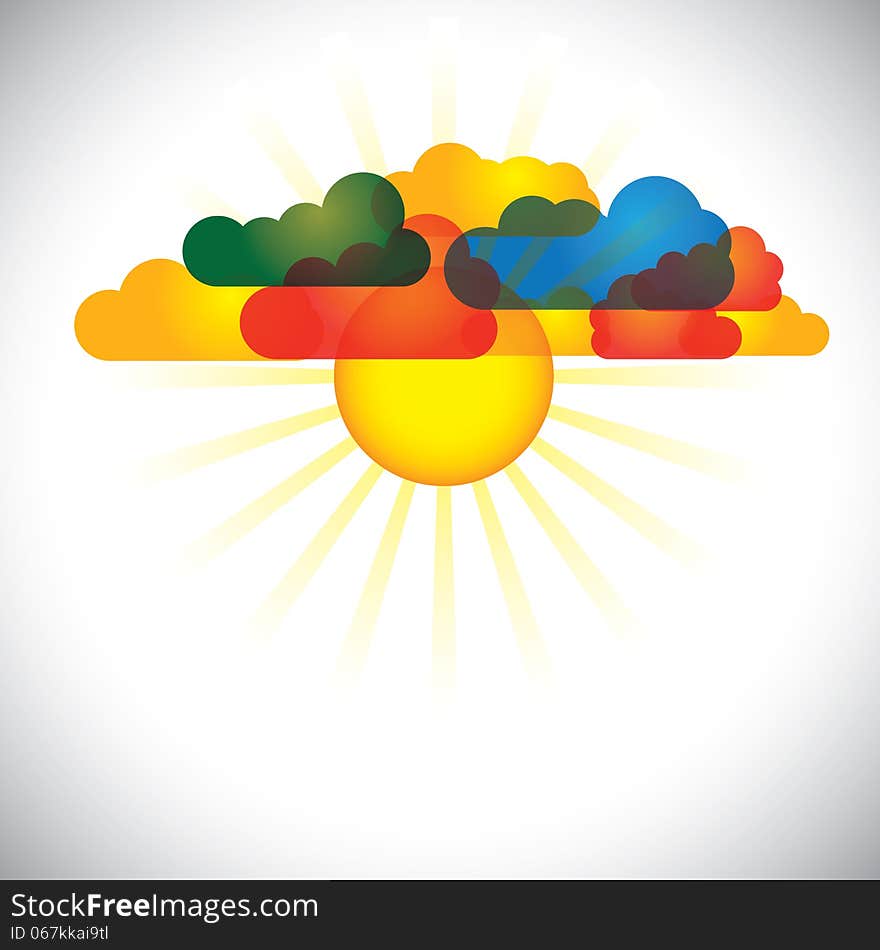 Beautiful colorful clouds & sunrise with radiant rays of light. The vector graphic also represents bright summer day or pretty colorful cloudscape or spring season, etc