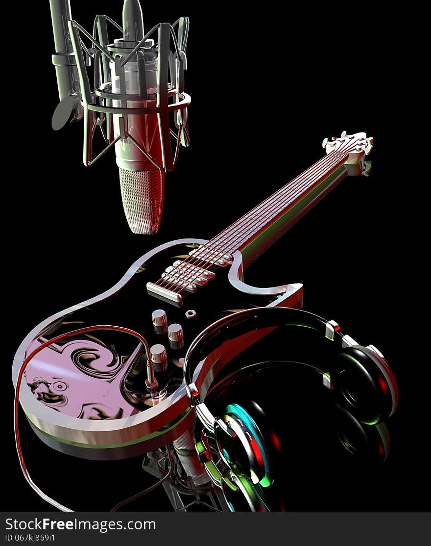 Studio microphone above an electric guitare and headphones resting on it. Studio microphone above an electric guitare and headphones resting on it.