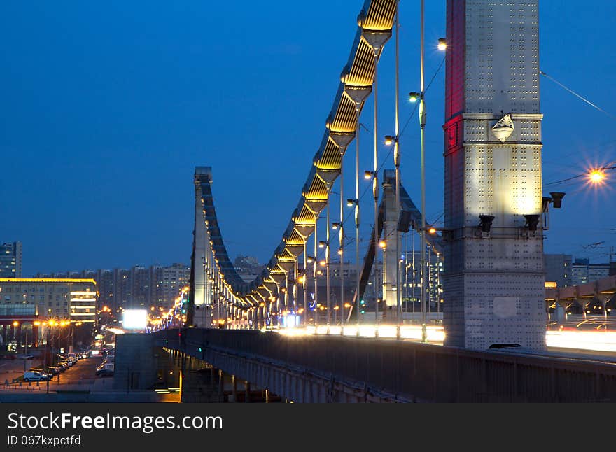 Crimean bridge - three-span car-pedestrian suspension bridge over the Moscow river on the Garden ring road is considered one of the the most beautiful bridge in Moscow. Crimean bridge - three-span car-pedestrian suspension bridge over the Moscow river on the Garden ring road is considered one of the the most beautiful bridge in Moscow.