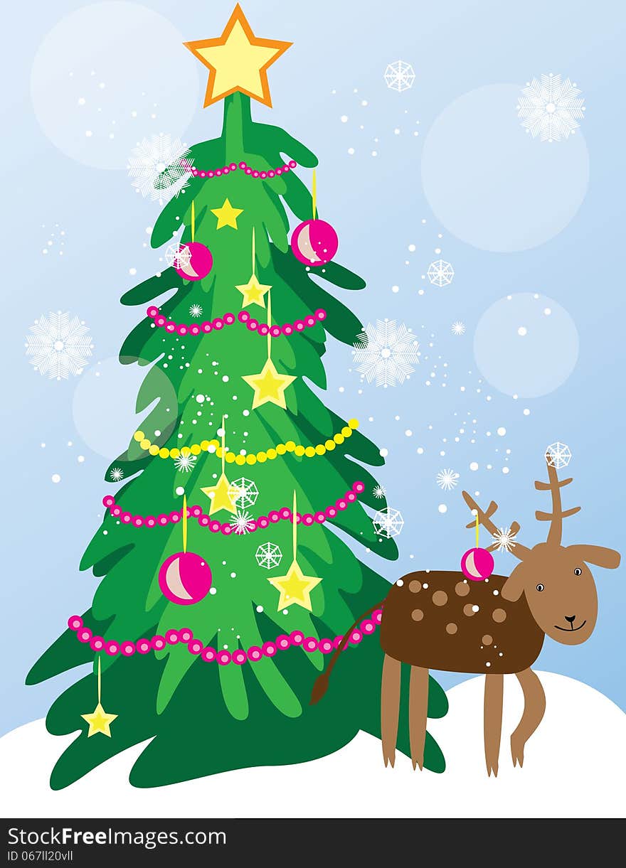 Vector graphic image with funny deer staying near the christmas tree. Vector graphic image with funny deer staying near the christmas tree