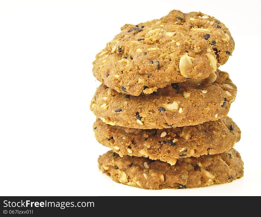 Tower whole grains cookies isolated on white background. Tower whole grains cookies isolated on white background