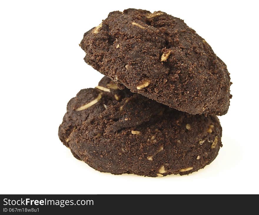 Slope stack of double brownie cookies on white background. Slope stack of double brownie cookies on white background