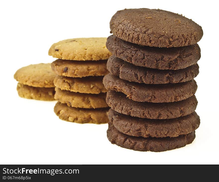 Perspective of three step stack of mix cookie on white background. Perspective of three step stack of mix cookie on white background