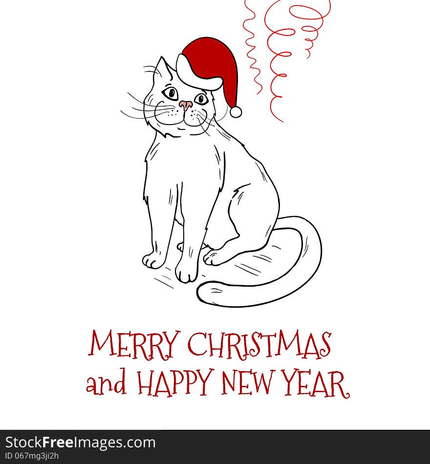 Christmas postcard design with santa cat