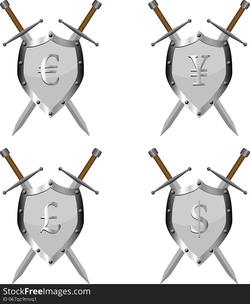 Set of pictures of two swords and swield with currencies signs, vector eps10 illustration. Set of pictures of two swords and swield with currencies signs, vector eps10 illustration