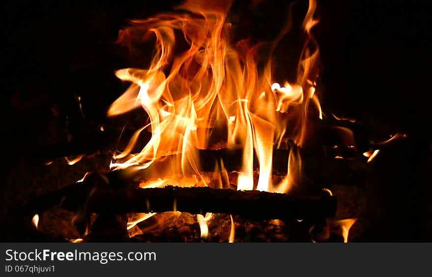 Bright orange flames dancing on the black night background. Bright orange flames dancing on the black night background