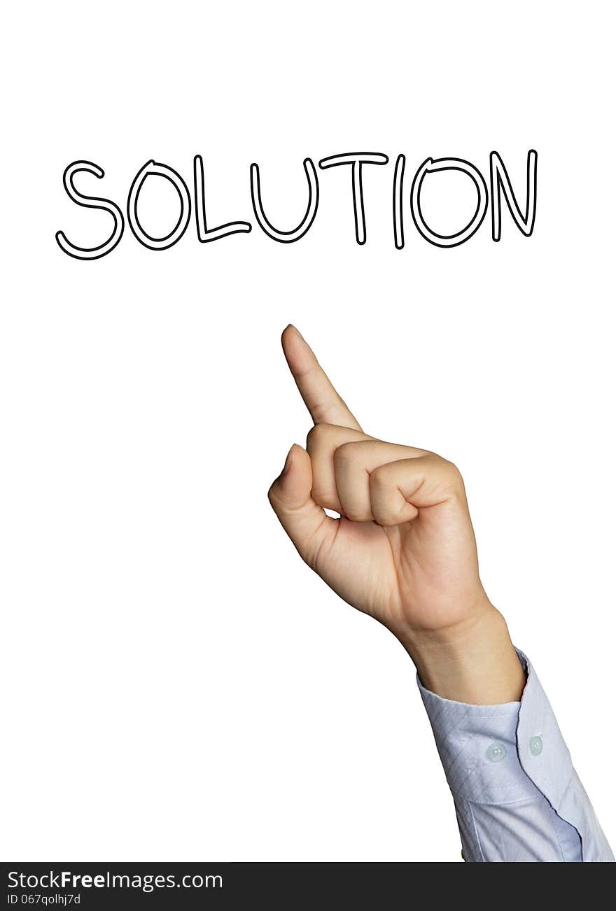 Image of a businessmen's finger pointing to solution word