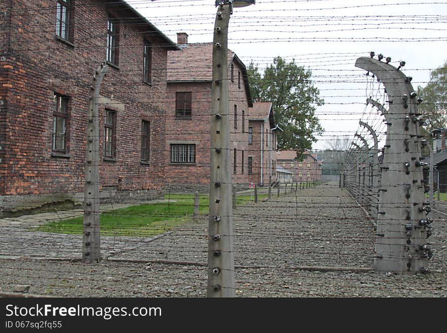 Barbed wire on poles in auschwitz birkenau