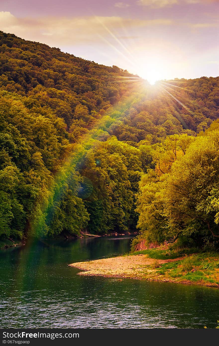 Autumn landscape. rocky shore of the river that flows near the pine forest at the foot of the mountain. Autumn landscape. rocky shore of the river that flows near the pine forest at the foot of the mountain.