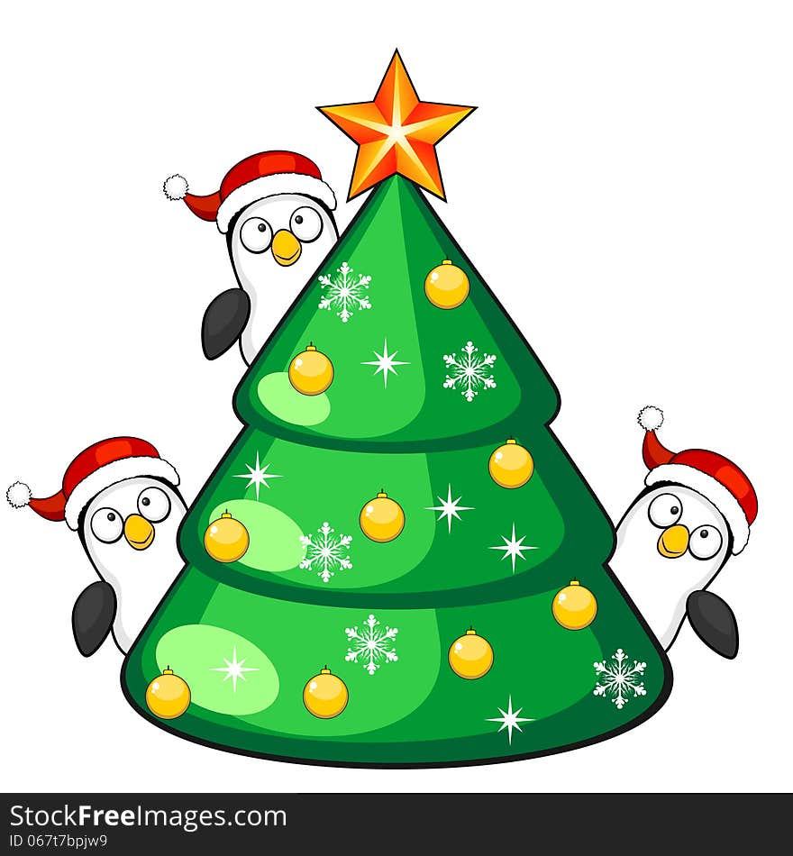 Three penguins and Christmas tree