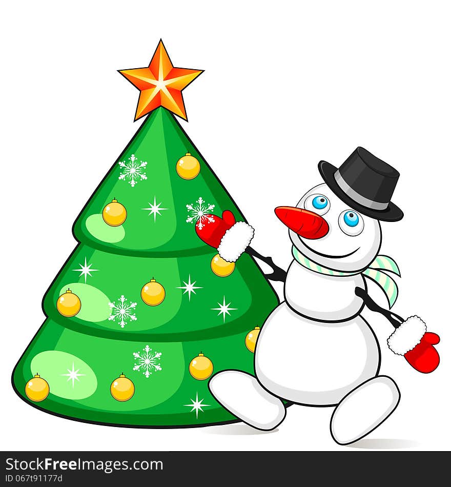 Cartoon snowman decorating Christmas fir with snowflake. Cartoon snowman decorating Christmas fir with snowflake