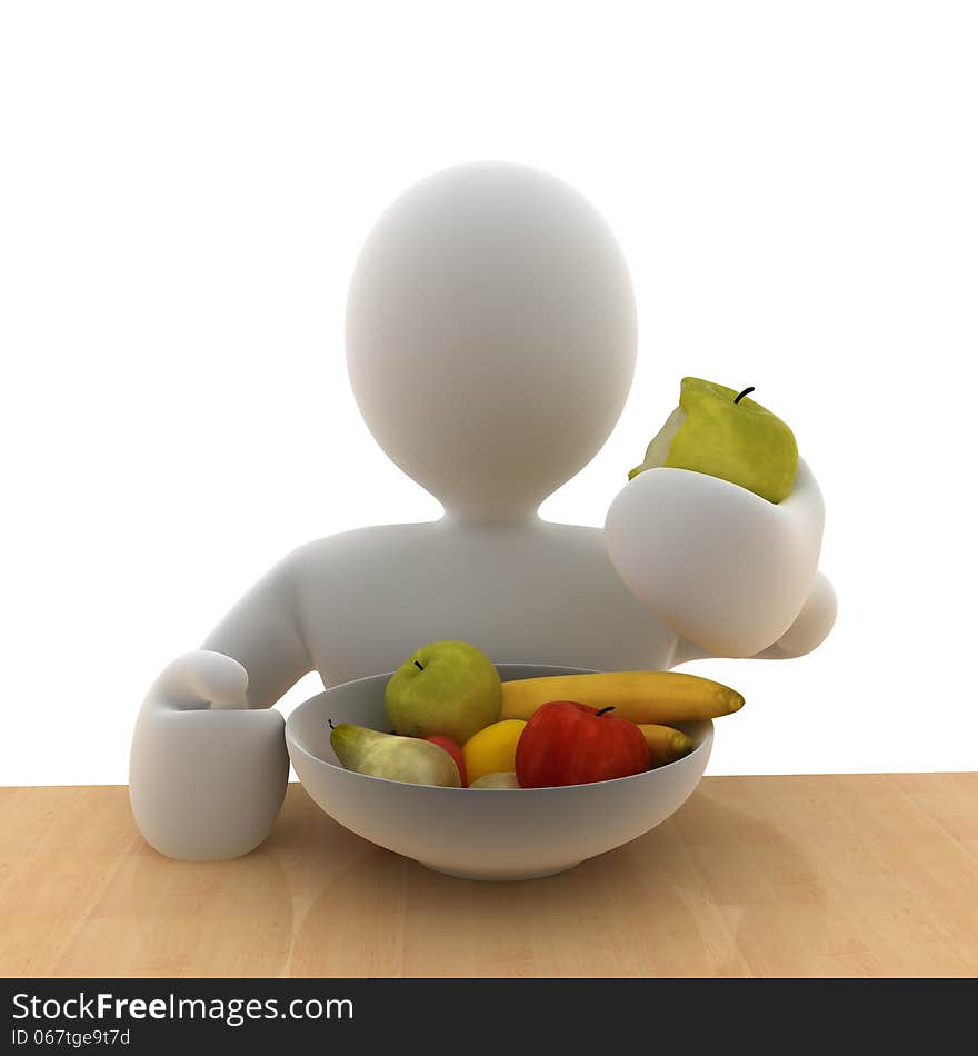 A 3D man eating healthy fruit. A 3D man eating healthy fruit