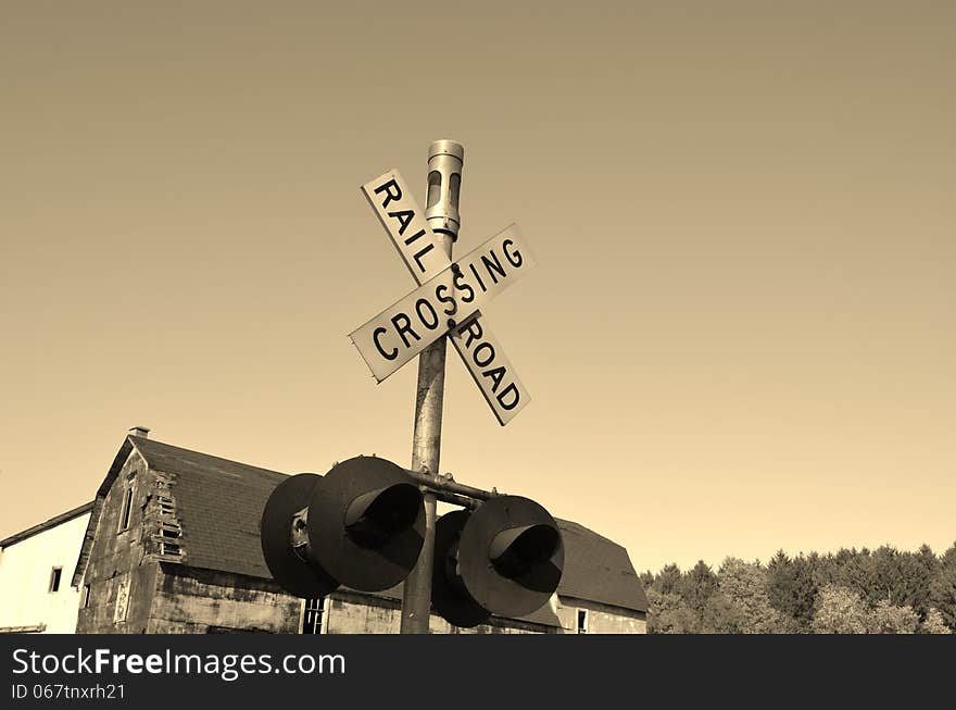 Railroad crossing signal in a small rural Michigan community