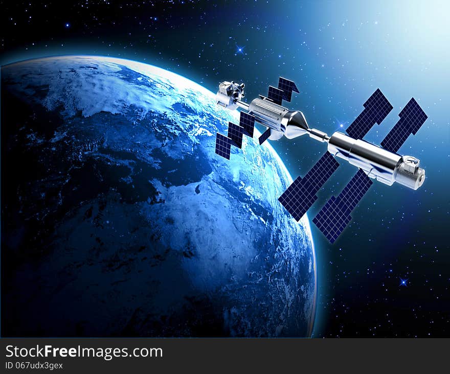 Satellite in space with earth and sun light background