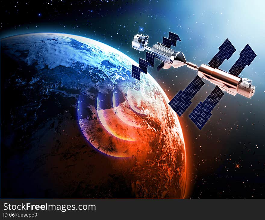 Satellite in space with earth and sun light background