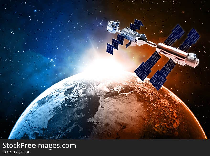 Satellite in space with earth and sun light background