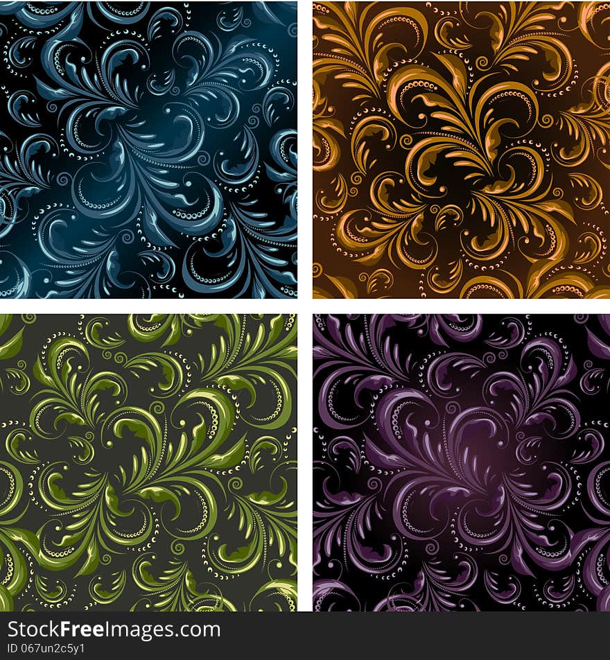 Set of floral seamless patterns drawn in fore different color variations. Each variation contains pattern and separated background. Set of floral seamless patterns drawn in fore different color variations. Each variation contains pattern and separated background