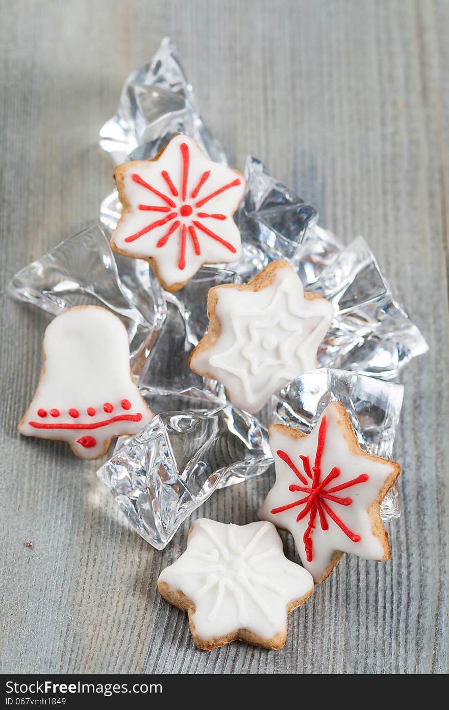 Christmas cookies in the pieces of ice