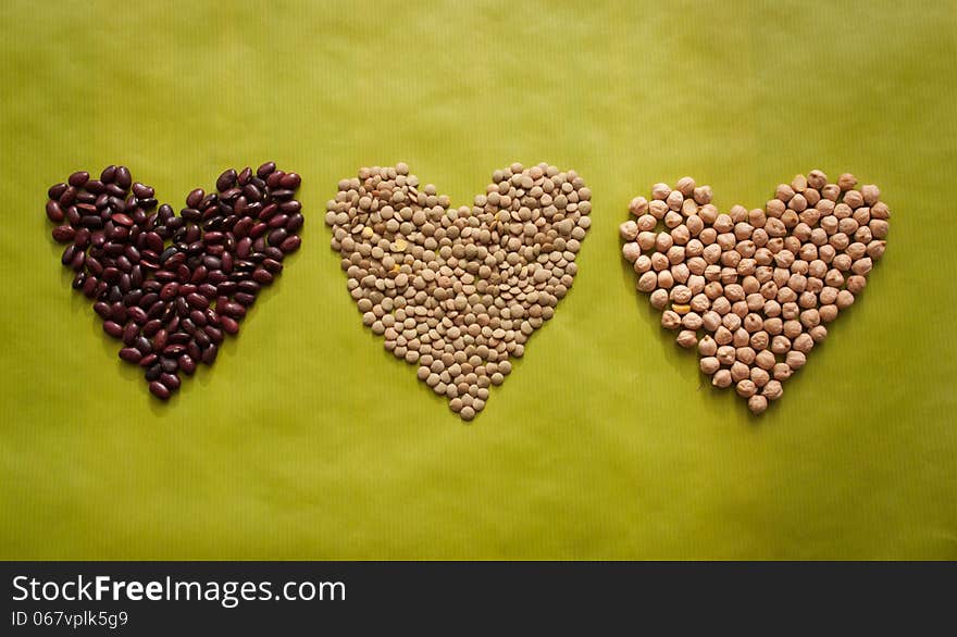 Three hearts made of beans, lentils and cheakpea