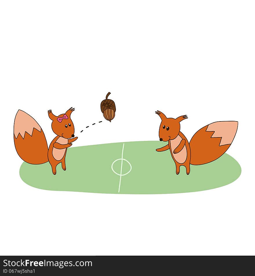 Squirrels play with acorn on the field