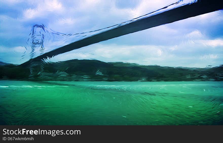 The view from the cruise ship. The ship goes down the river under the bridge. Stylized painting. The view from the cruise ship. The ship goes down the river under the bridge. Stylized painting