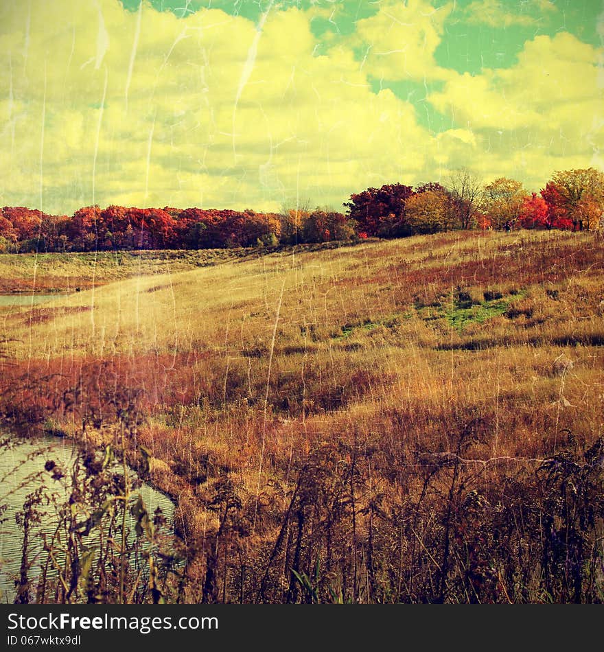 Grunge image of autumn landscape