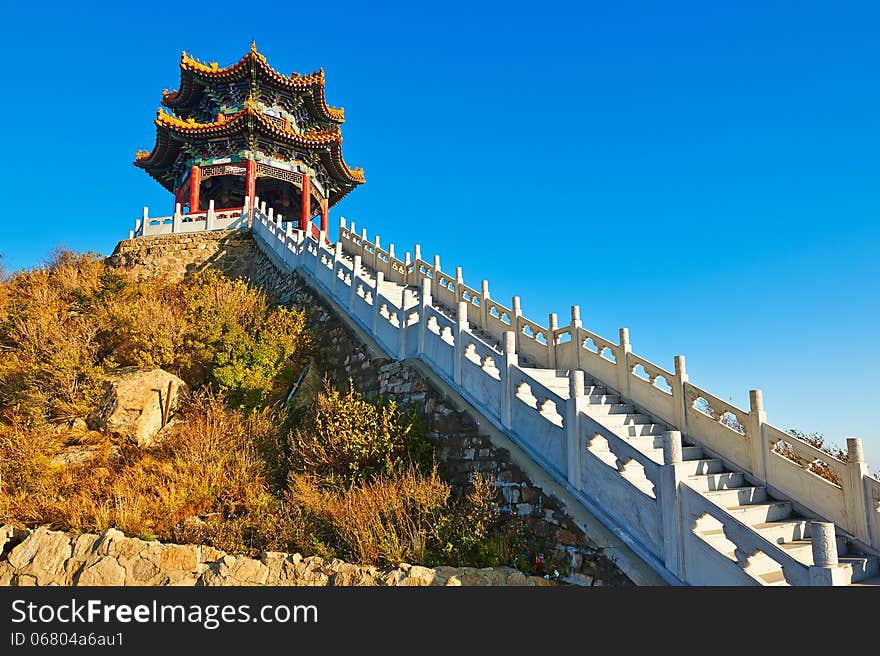 The pavilion and stone steps on the Apsara peak of