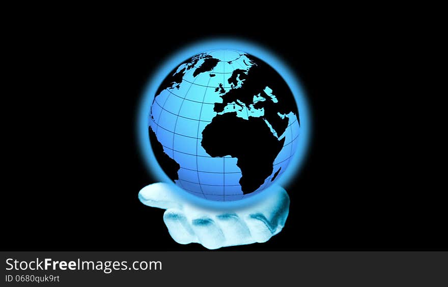 The black background. Stylized earth rotates on a white-gloved hands. There is the second hand and stroking the globe. The black background. Stylized earth rotates on a white-gloved hands. There is the second hand and stroking the globe