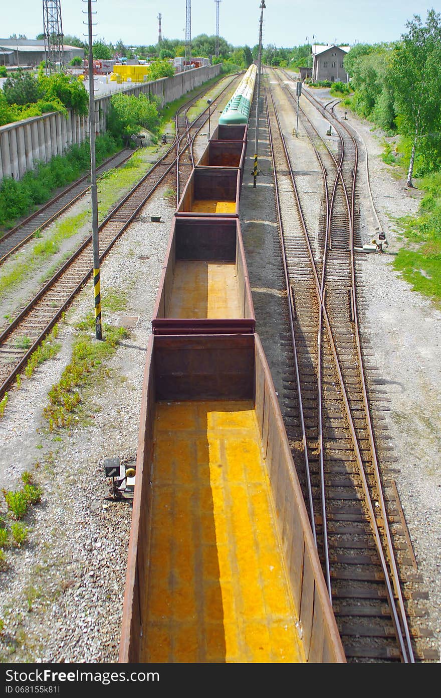 View from above on the wagons of freight train