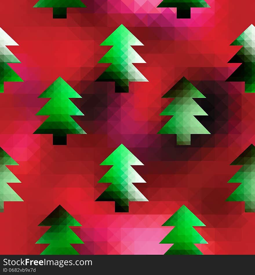 Christmas Trees On Red Pixels Background