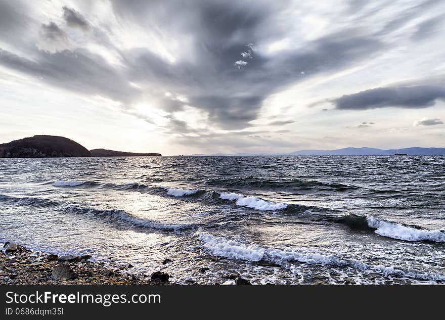 Sea landscape in the light of the evening sun