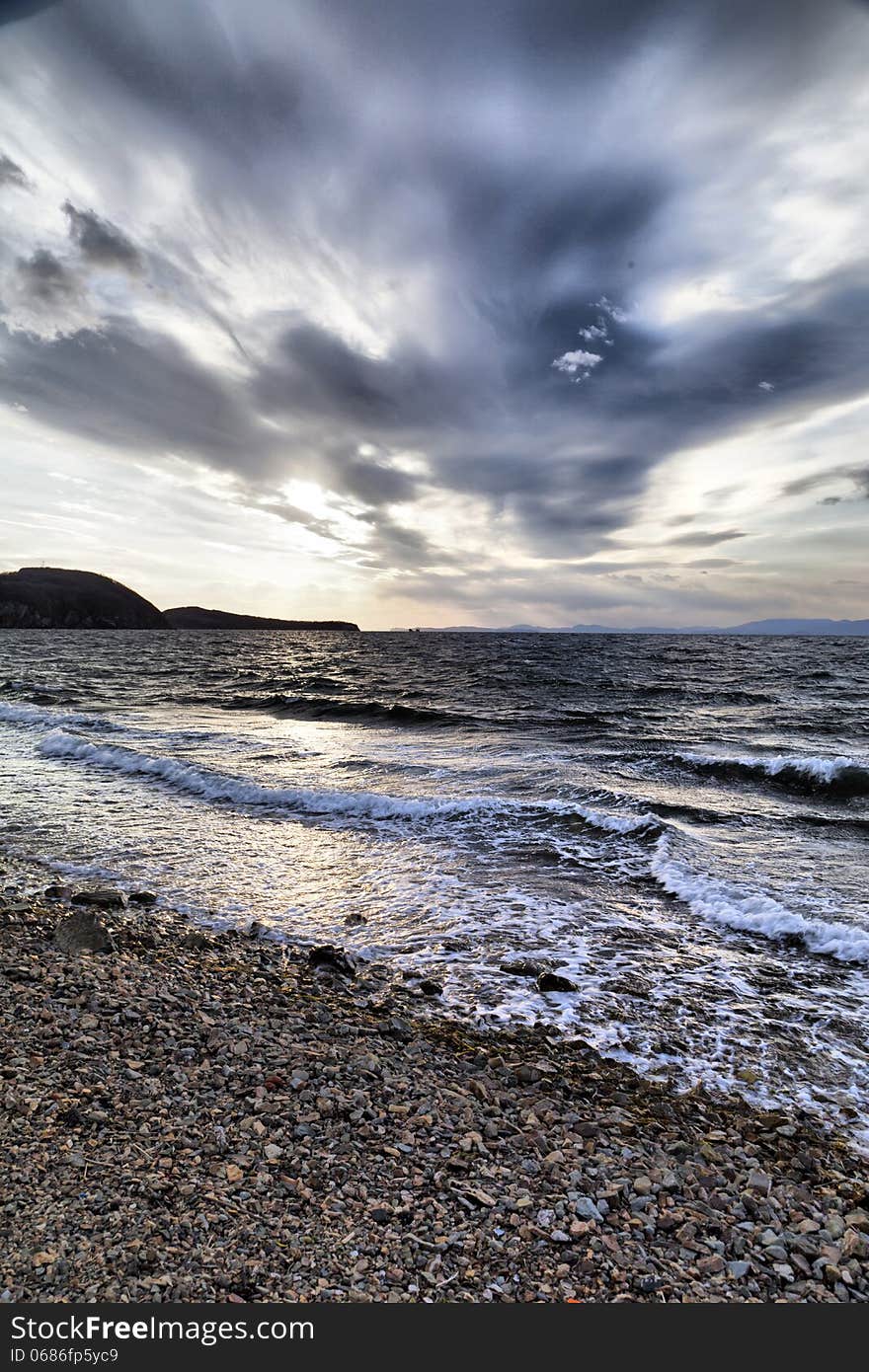 Sea landscape in the light of the evening sun