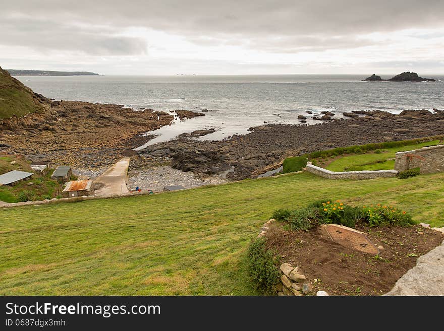 View from Cape Cornwall to Lands End Cornwall on an overcast day