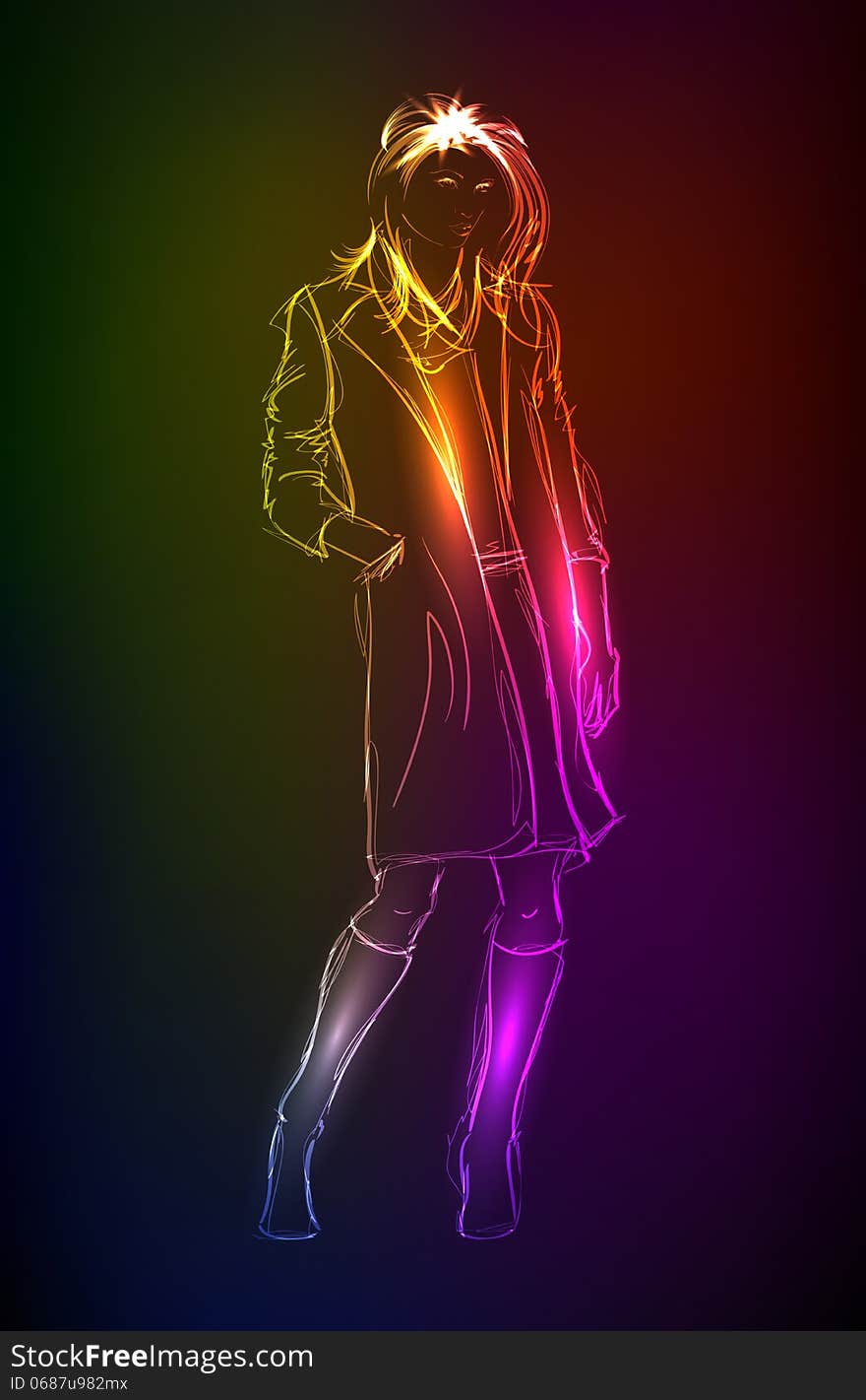 Hand-drawn fashion model from a neon. A light girl's. Hand-drawn fashion model from a neon. A light girl's