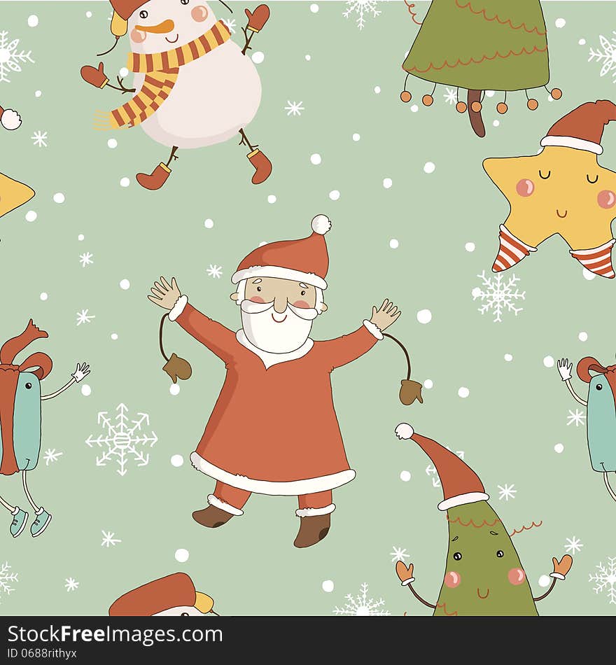 Cartoon pattern with Christmas characters. Concept seamless pattern in vector.