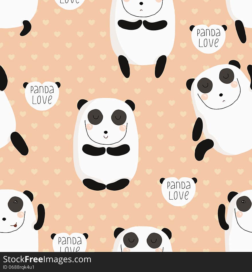 Cartoon pattern with cute panda guru. Great seamless pattern in vector