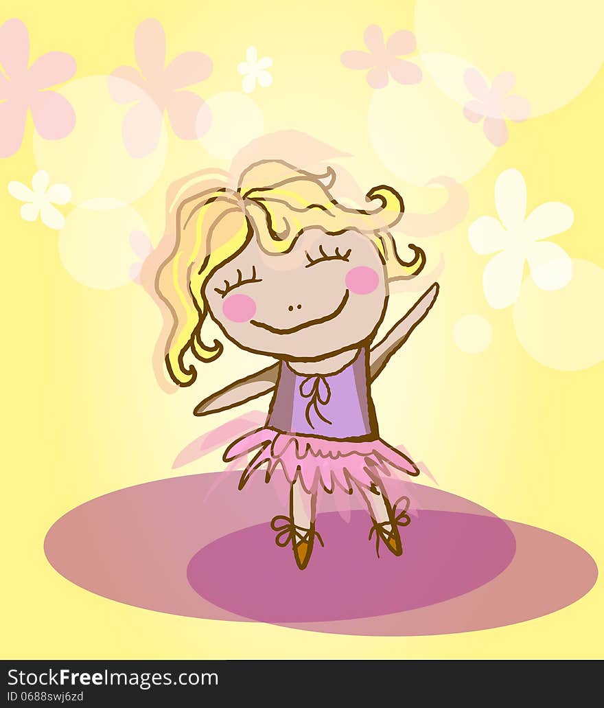 Vector image with smiling funny girl dancing like ballerina