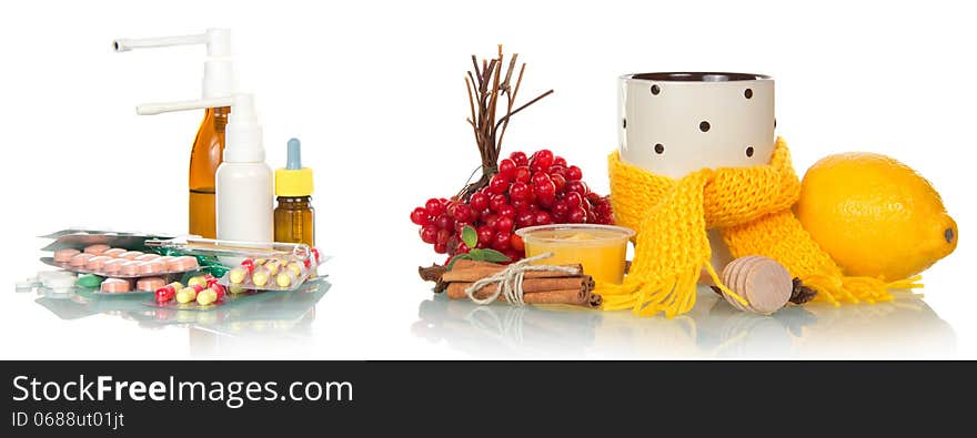 Traditional and medicamentous remedies for cold on a white background