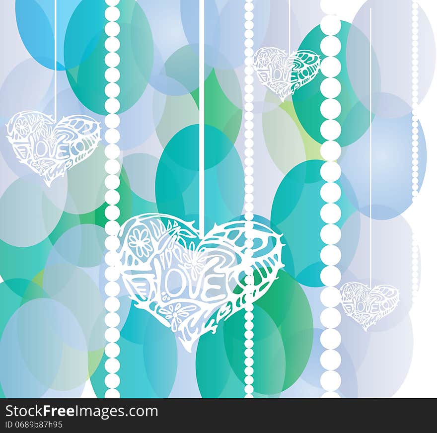 White hearts on blue and green circles background