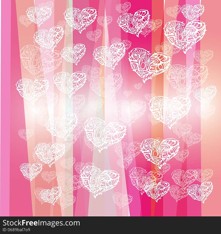 White hearts on pink stripes background