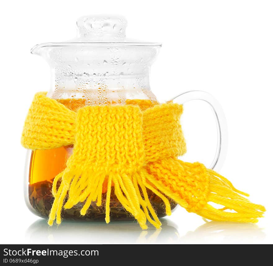 Teapot With Tea Tied Yellow Scarf