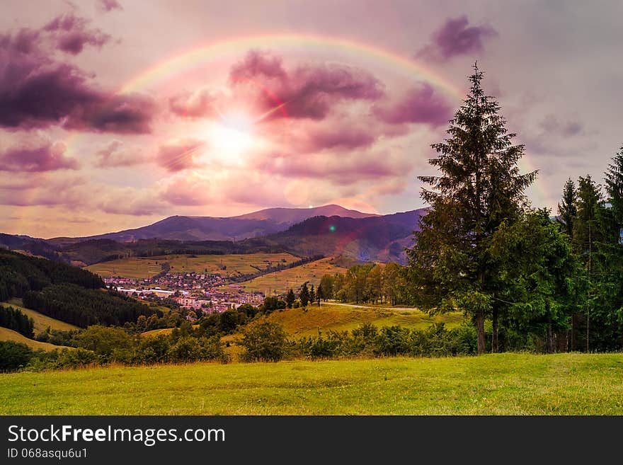 Valley near forest on a steep mountain slope after the rain in evening mood