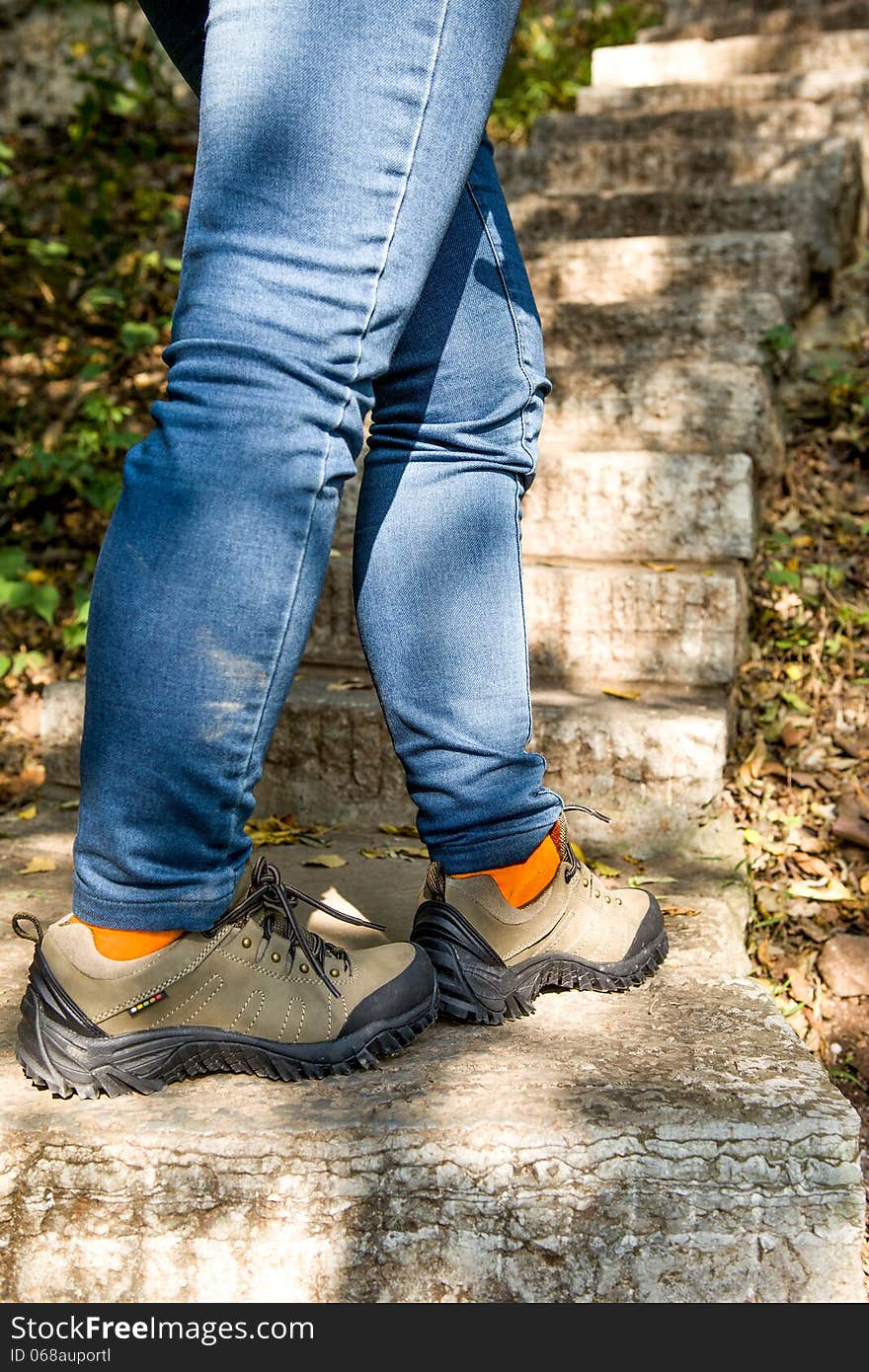 Hiking shoes ,walking on mountain steps