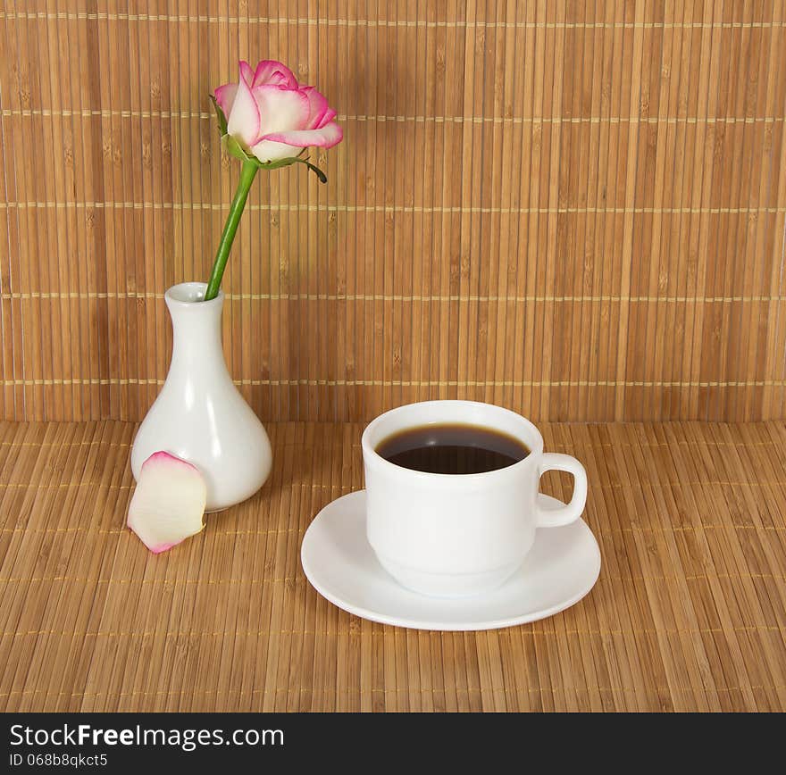 Vase With Rose And Cup Of Coffee