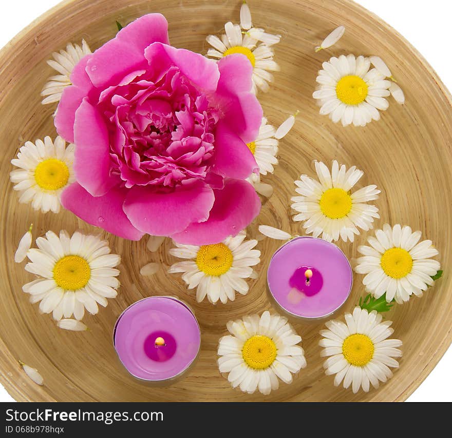 Heads of camomiles, a peony and burning candles in