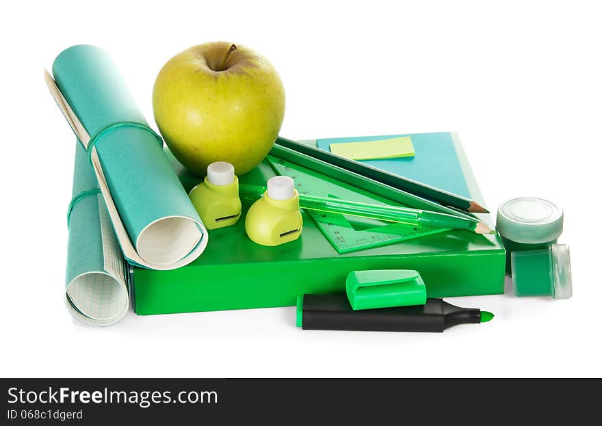 Book, accessories to the letter, a hole puncher paint and apple, isolated on white. Book, accessories to the letter, a hole puncher paint and apple, isolated on white