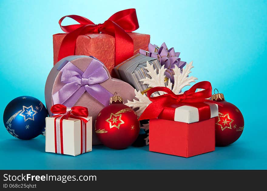 Various gift boxes and beautiful Christmas toys