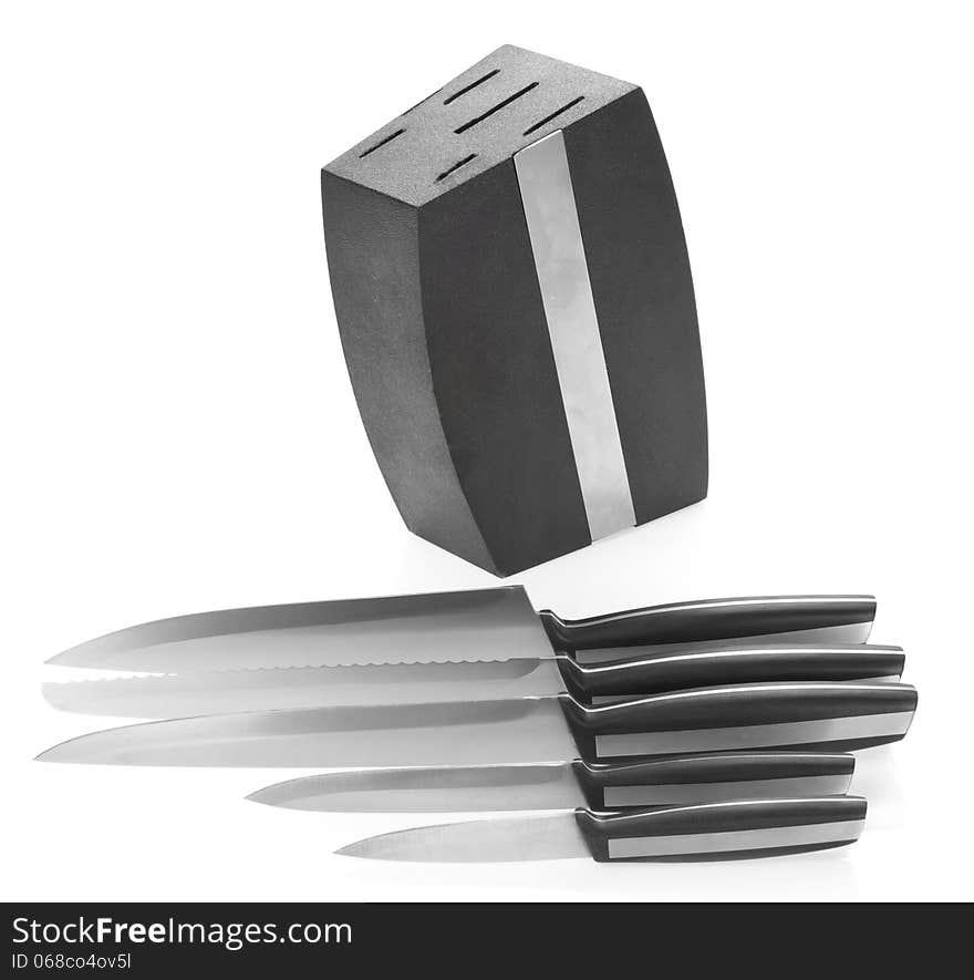 Five Steel Kitchen Knives And Knife Block